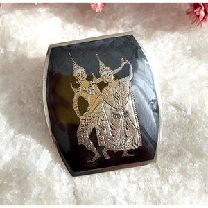 Dancers Siam Sterling Silver Rounded Rectangle Vintage Thai Made Brooch